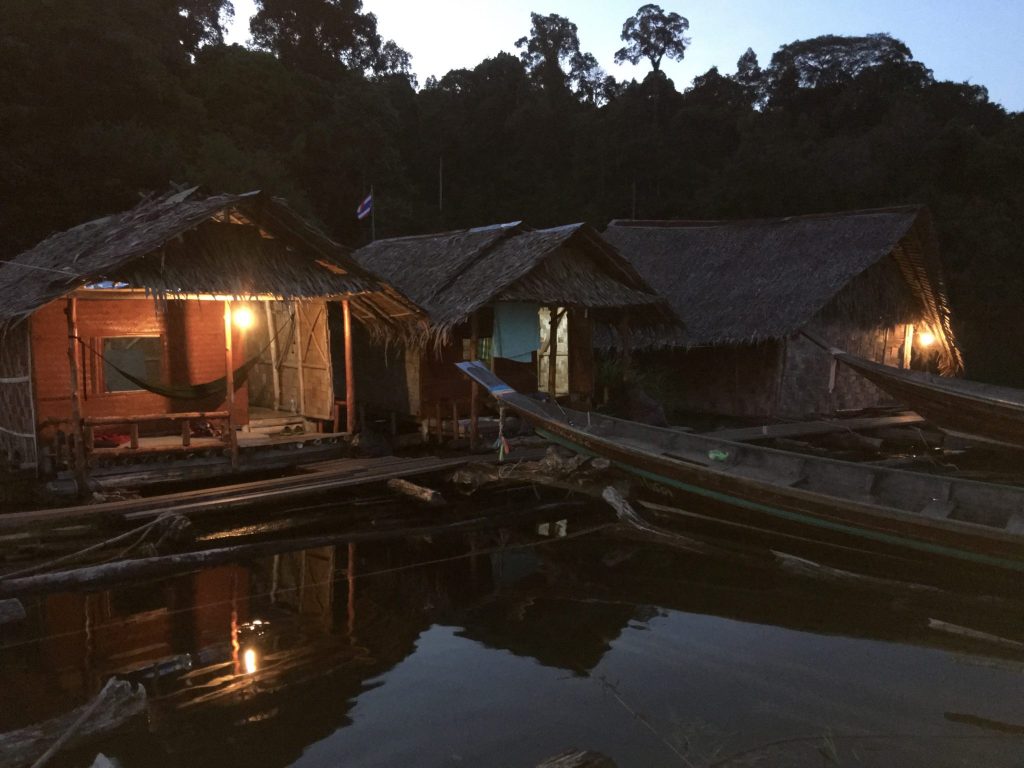 Floating lodge huts at dusk, Rachaprabha Lake, Khao Sok National Park, Thailand (Photo: Alan Seale) 